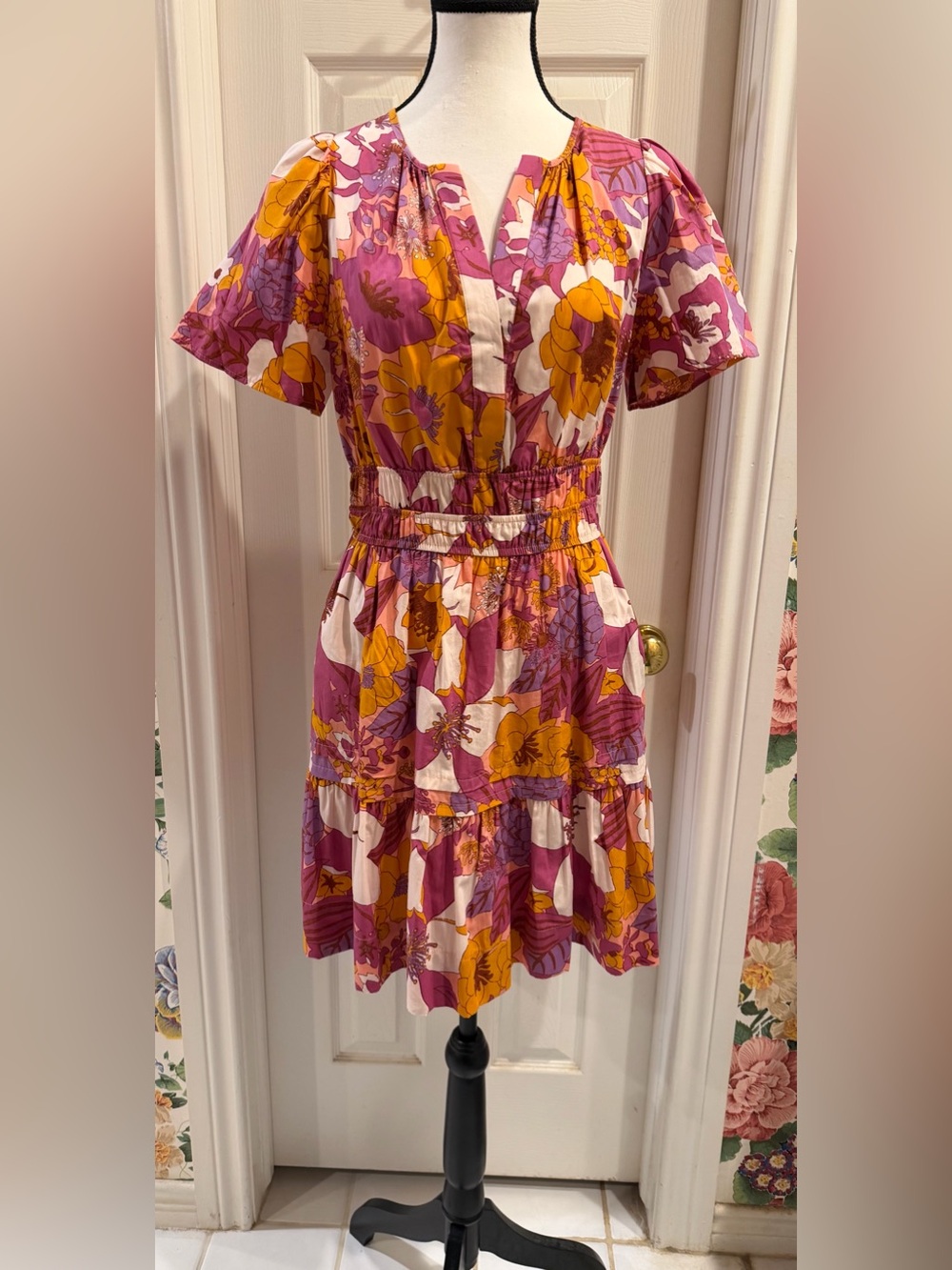 Anthropologie Bold Floral Tiered Dress in Pink, Yellow & Purple